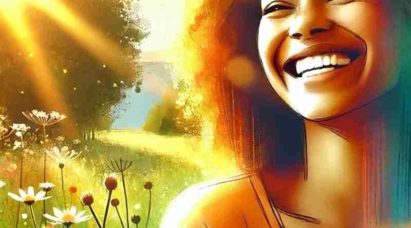 An AI generated illustration of a joyful woman of color with a radiant smile standing in a sunlit meadow filled with daisies and wildflowers. The warm sunlight filters through the trees, casting a golden glow over the scene, emphasizing a sense of happiness and tranquility.