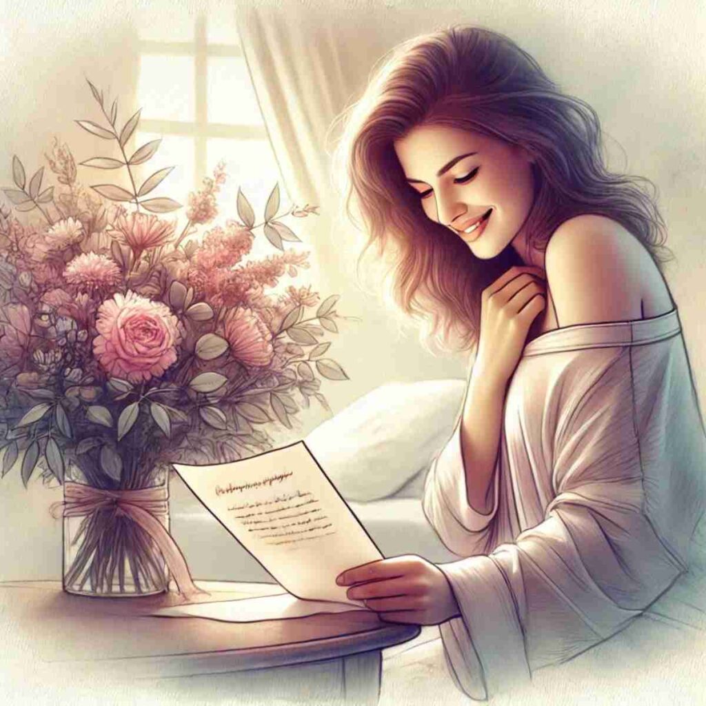 An AI generated image of a woman waking up to flowers and a note, which could contain some of these love quotes for her!