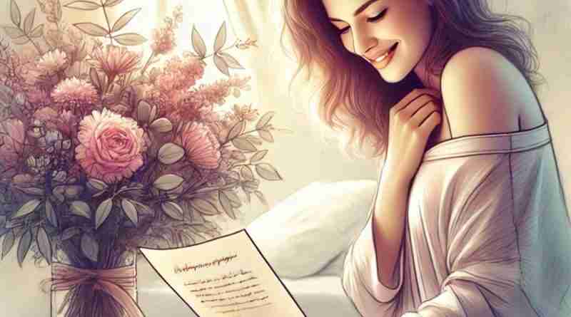 An AI generated image of a woman waking up to flowers and a note, which could contain some of these love quotes for her!