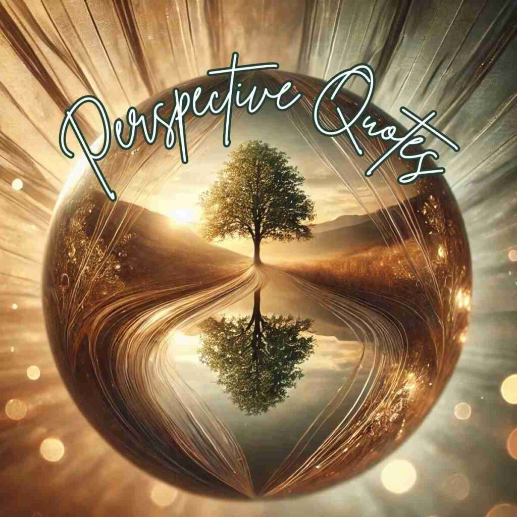 An AI generated image of an artistic tree reflected in a serene, mirrored landscape, symbolizing the concept of perspective. The scene is framed within a circular, lens-like structure with radiant light beams, emphasizing clarity and reflection. Overlaid text reads 'Perspective Quotes' in elegant, flowing typography, capturing the theme of shifting viewpoints and self-awareness.