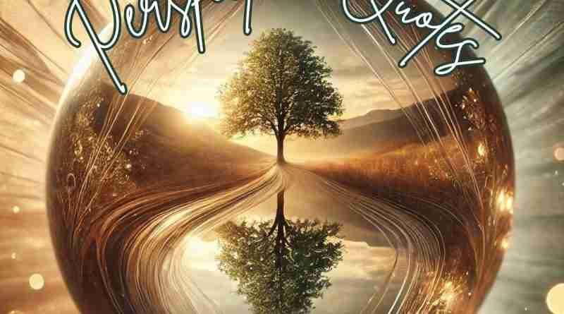 An AI generated image of an artistic tree reflected in a serene, mirrored landscape, symbolizing the concept of perspective. The scene is framed within a circular, lens-like structure with radiant light beams, emphasizing clarity and reflection. Overlaid text reads 'Perspective Quotes' in elegant, flowing typography, capturing the theme of shifting viewpoints and self-awareness.