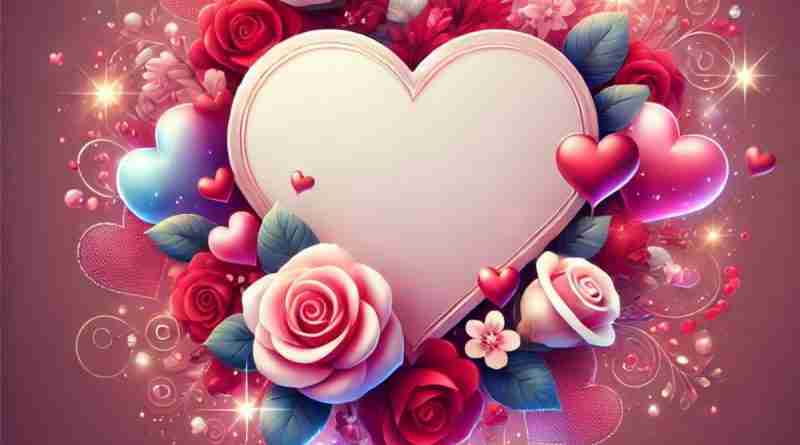 AI-generated image of a pink heart surrounded by glowing roses, hearts, and other flowers to illustrate the beauty of love on Valentine's Day