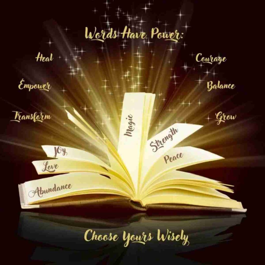 An open book emits a glowing golden light with shimmering stars, symbolizing the transformative power of words. Words such as "Heal," "Empower," "Transform," "Magic," "Strength," "Peace," "Joy," "Love," "Abundance," "Courage," "Balance," and "Grow" float around the book, emphasizing positivity and self-discovery. At the bottom, the tagline reads, "Words Have Power: Choose Yours Wisely."