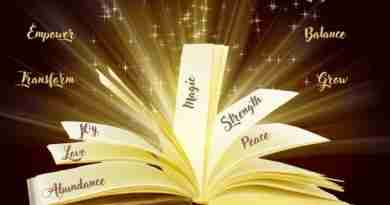 An open book emits a glowing golden light with shimmering stars, symbolizing the transformative power of words. Words such as "Heal," "Empower," "Transform," "Magic," "Strength," "Peace," "Joy," "Love," "Abundance," "Courage," "Balance," and "Grow" float around the book, emphasizing positivity and self-discovery. At the bottom, the tagline reads, "Words Have Power: Choose Yours Wisely."