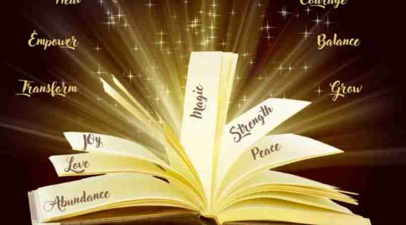 An open book emits a glowing golden light with shimmering stars, symbolizing the transformative power of words. Words such as "Heal," "Empower," "Transform," "Magic," "Strength," "Peace," "Joy," "Love," "Abundance," "Courage," "Balance," and "Grow" float around the book, emphasizing positivity and self-discovery. At the bottom, the tagline reads, "Words Have Power: Choose Yours Wisely."