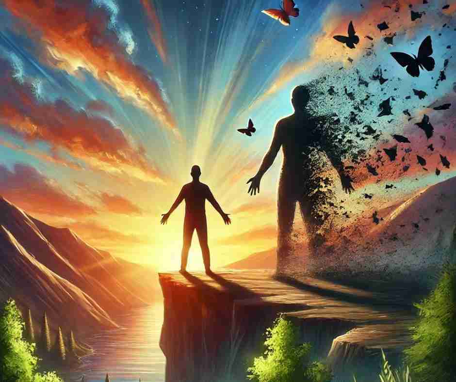AI-generated image of a human figure standing on a cliff above water, silhouetted against a setting sun, and a larger image of the same figure behind it dissolving into butterflies flying away