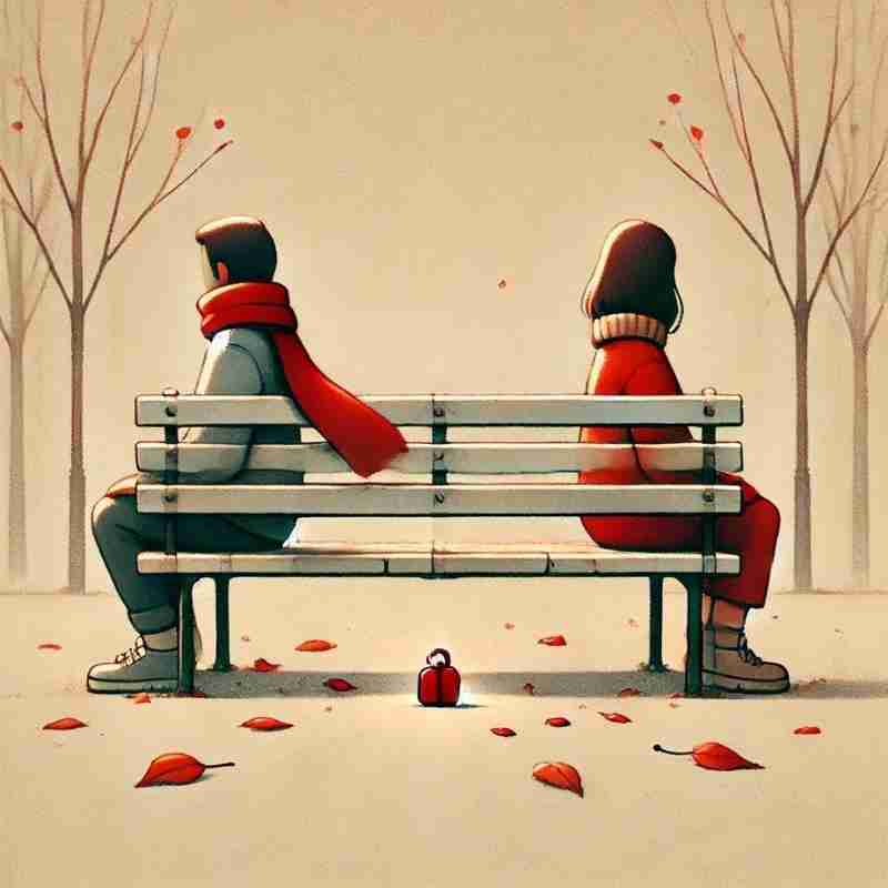 Two people with red accented clothing sitting with their backs to each other on a park bench.