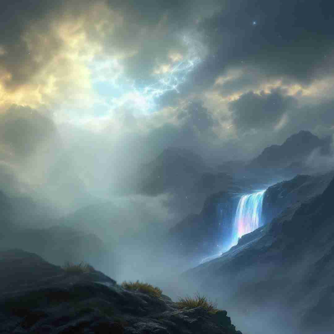 AI-generated image of a dark sky with clouds parting slightly and the sun shining though, with an iridescent, glowing waterfall in the distance.