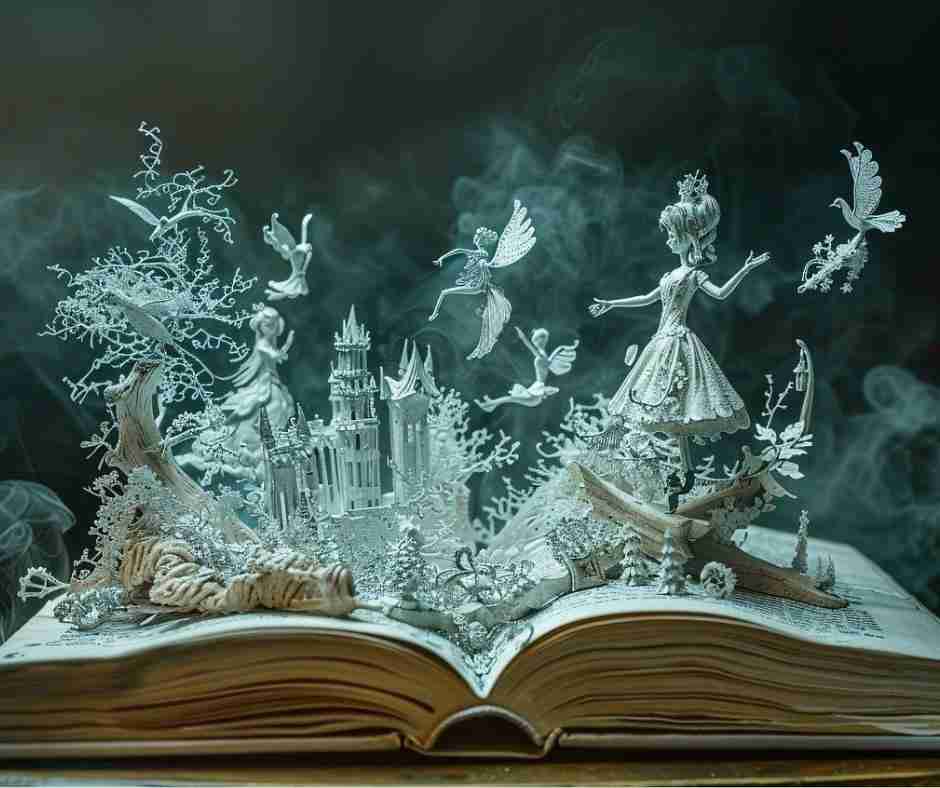AI-generated image of an open book with dusty, grey, paper "pop-ups" depicting an old and broken fairytale narrative, with a gloomy and dark mood.