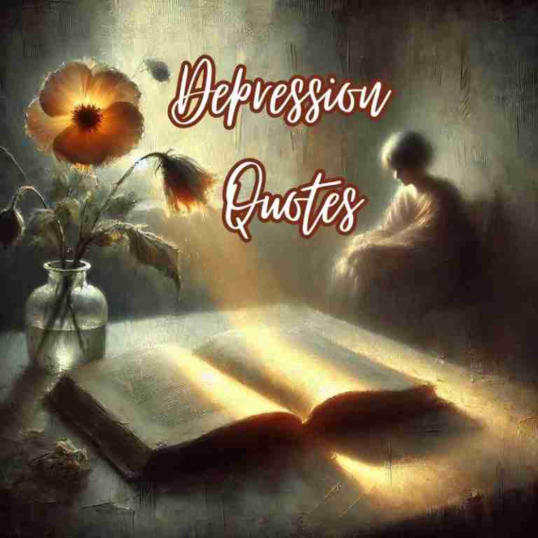 An AI generated image of an open book glowing softly on a table with a wilted flower nearby, and a person seated in the background, their posture and expression evoking sadness and introspection. Those are common themes in these depression quotes.