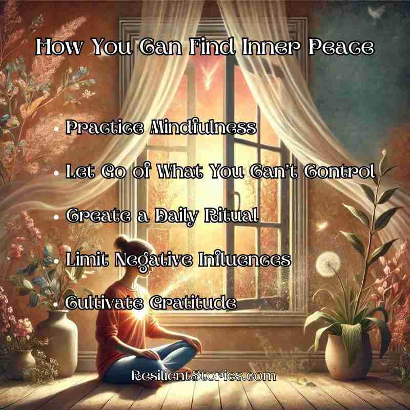 How you can find inner peace:

1. Practice Mindfulness
2. Let Go of What You Can't Control
3. Create a Daily Ritual
4. Limit Negative Influences
5. Cultivate Gratitude