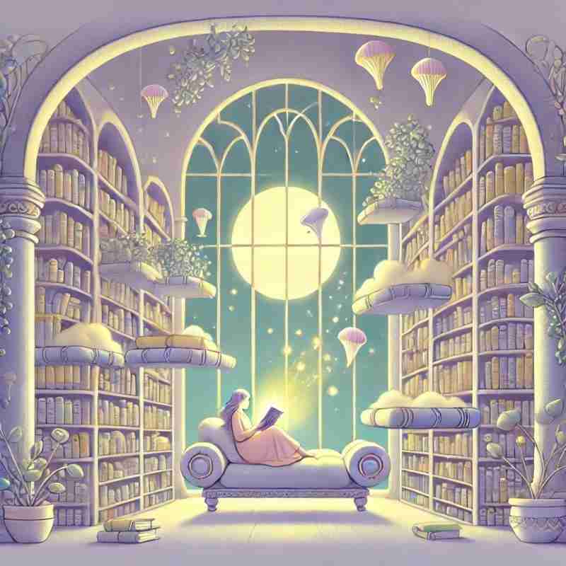 An AI generated image of a dreamy library with floating shelves and books drifting in mid-air. A person sits on a glowing, magical cushion, engrossed in a book emanating golden light. The large arched windows let in soft moonlight, with plants and vines woven among the books. The pastel colors include shades of lavender, mint green, and soft yellow.