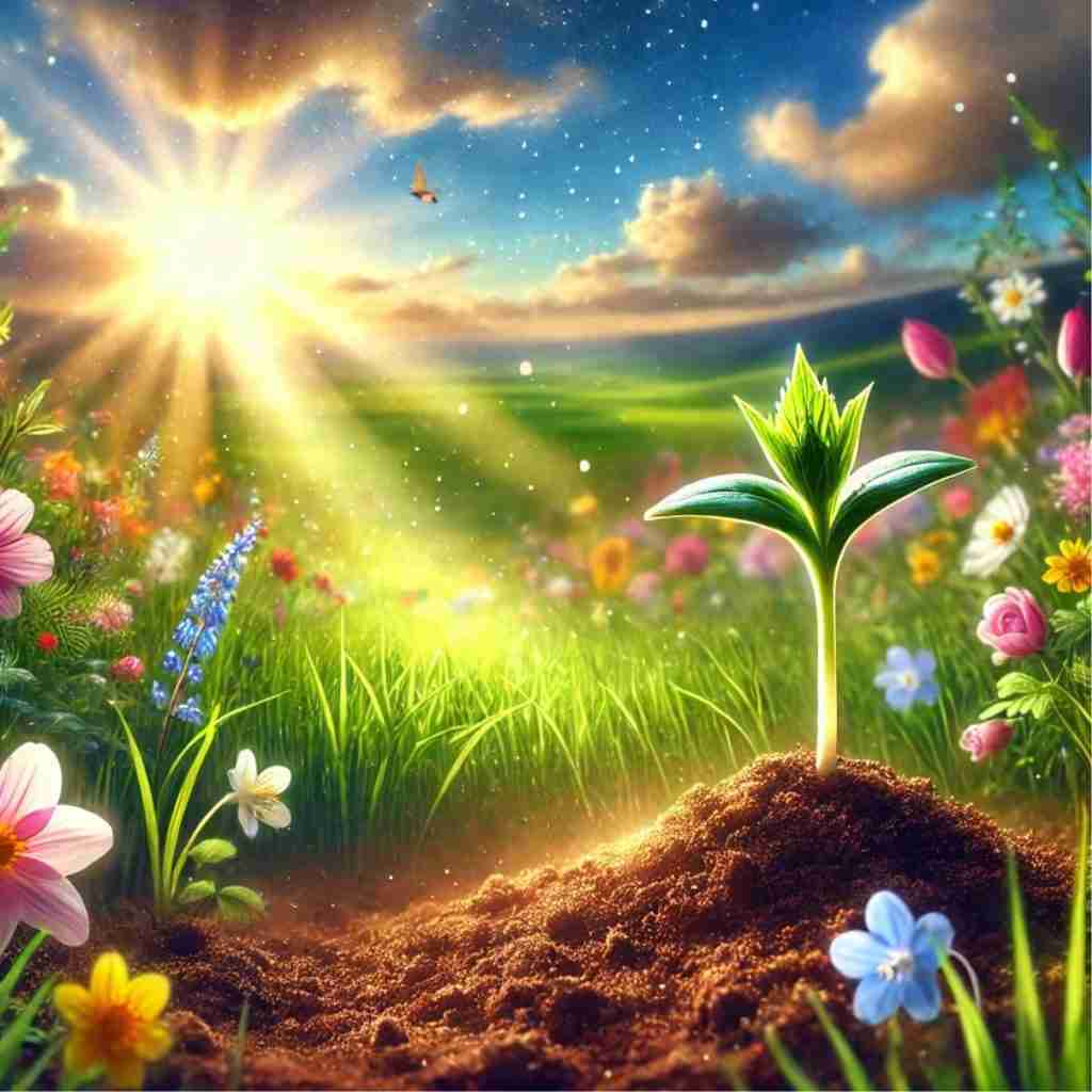 10 - Resilient Stories AI-generated motivational image symbolizing personal growth and resilience inspired by spring, featuring a sprouting seedling surrounded by vibrant spring elements.