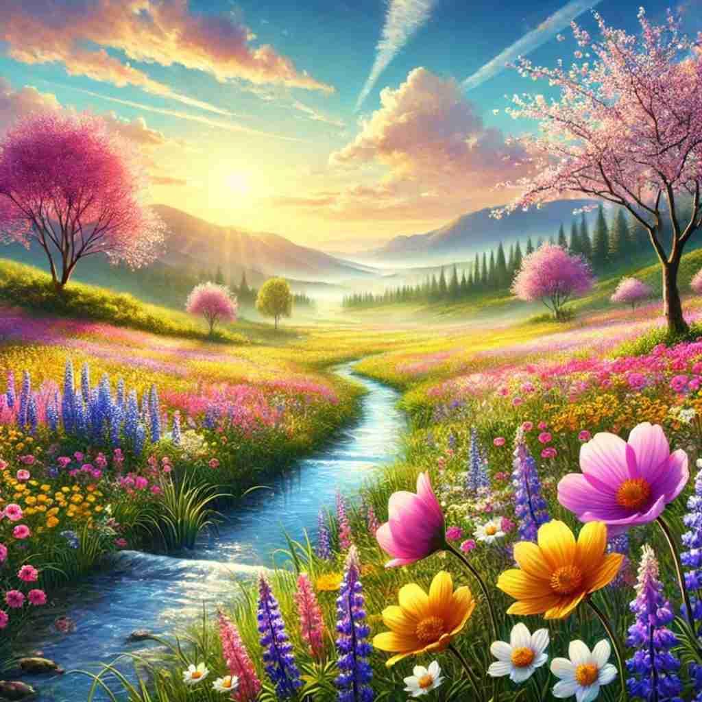 2 - Resilient Stories AI-generated image, highlighting the vibrant beauty and tranquility of spring with a flowing stream, cherry trees blossoming, and bright flowers blooming.