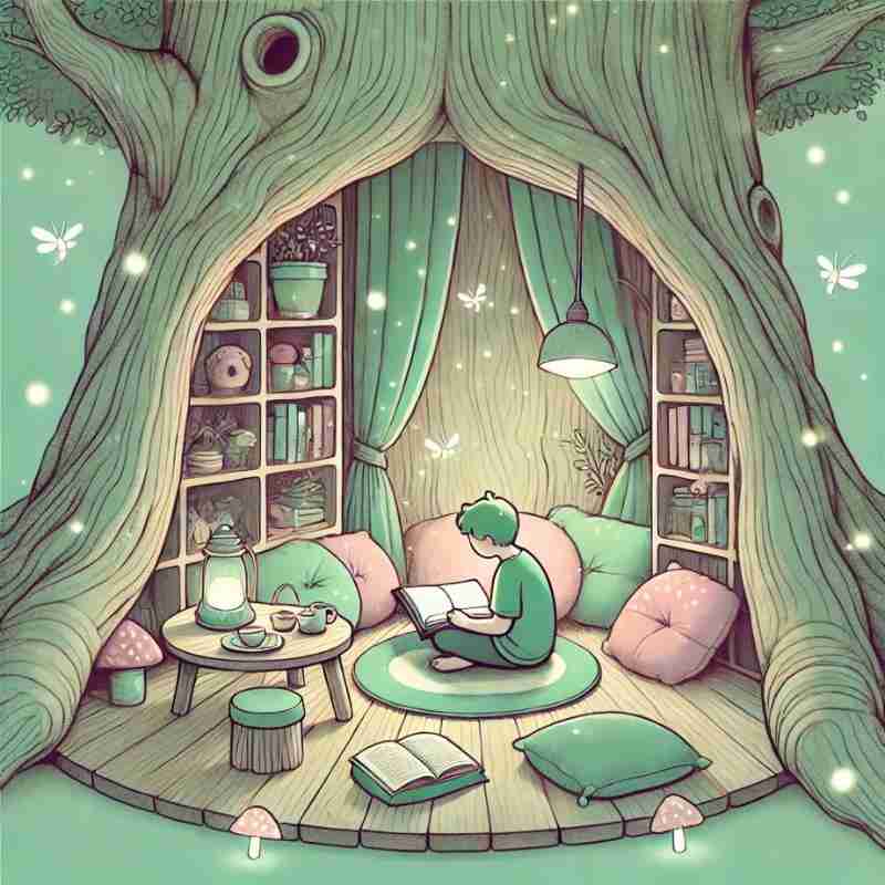 An AI generated image of a cozy nook carved into the trunk of a giant tree, where a person sits reading a glowing book. Small fireflies glow around them, and the space is filled with cushions, a tea set, and shelves of books and trinkets. The soft pastel palette features greens, blues, and pinks, creating a magical and inviting setting.