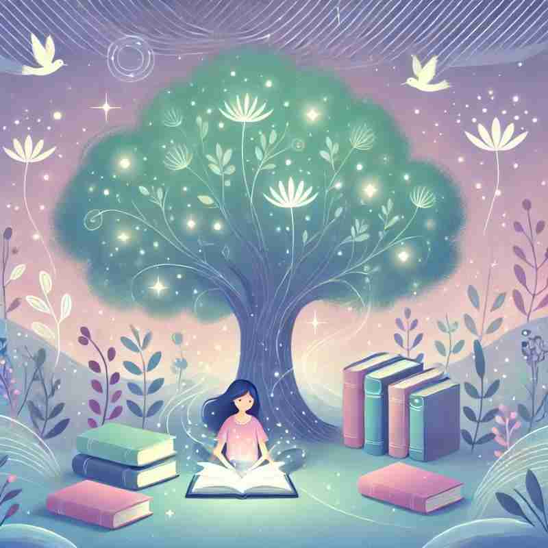 A whimsical scene (AI generated) of a person sitting under a large, magical tree, reading a glowing book. Floating books and light orbs surround them, creating an enchanting atmosphere. The soft pastel color palette features hues of lavender, pale pink, mint green, and light blue.