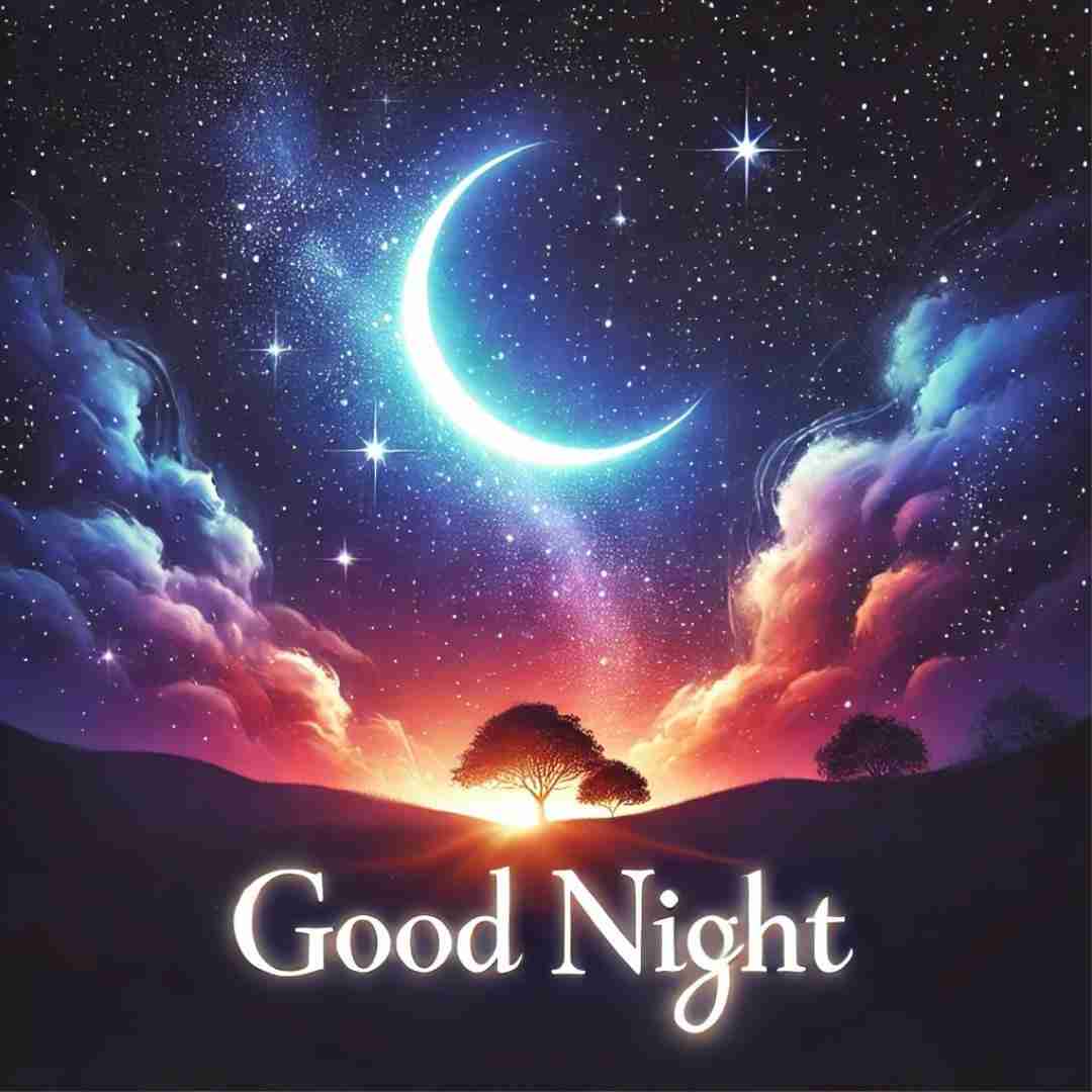 AI-Generated image of colorful setting sun behind hill and trees revealing big starry night sky and large glowing crescent moon in the center