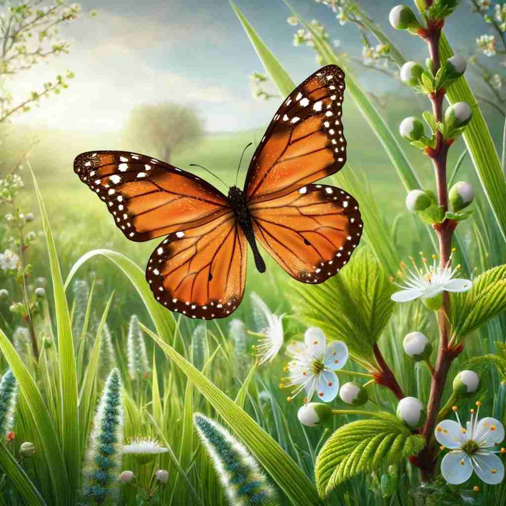 4 - Resilient Stories AI-generated image depicting a butterfly in a lush spring setting, symbolizing transformation and growth.