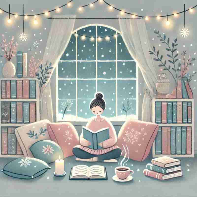 A cozy illustration of a person sitting by a window on a snowy day, reading a book with a steaming cup of tea nearby. Fairy lights illuminate the soft cushions and stacks of books around them. The pastel palette includes soft grays, blues, creams, and pinks, evoking warmth and comfort.