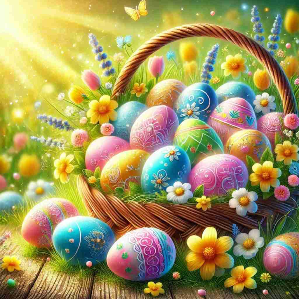 5 - Resilient Stories AI-generated vibrant and cheerful image depicting decorated eggs in a spring setting, symbolizing new life and rebirth.