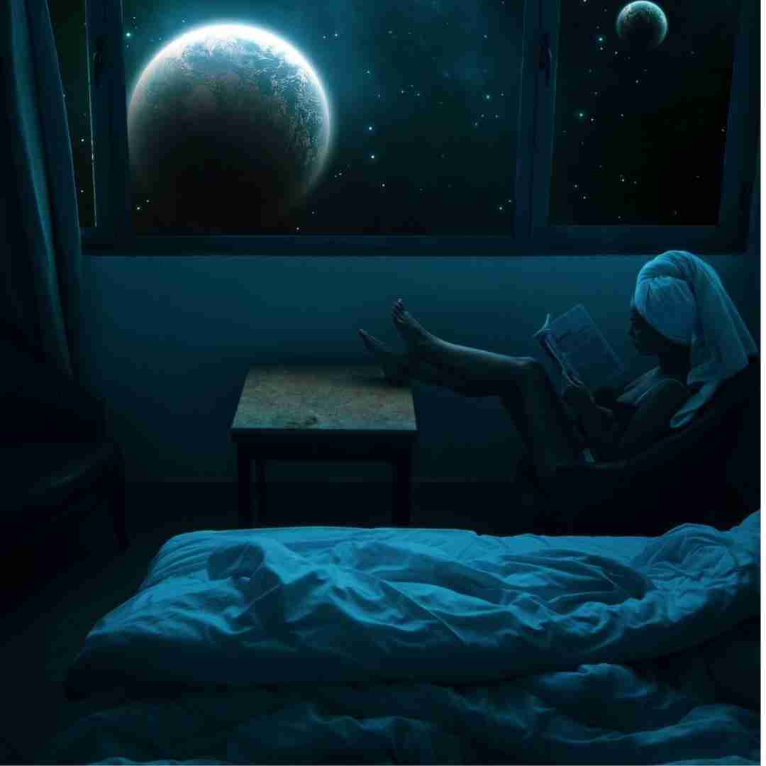 Woman with head wrapped in towel reading in a dark bedroom in front of window with otherworldly planets dancing in the sky