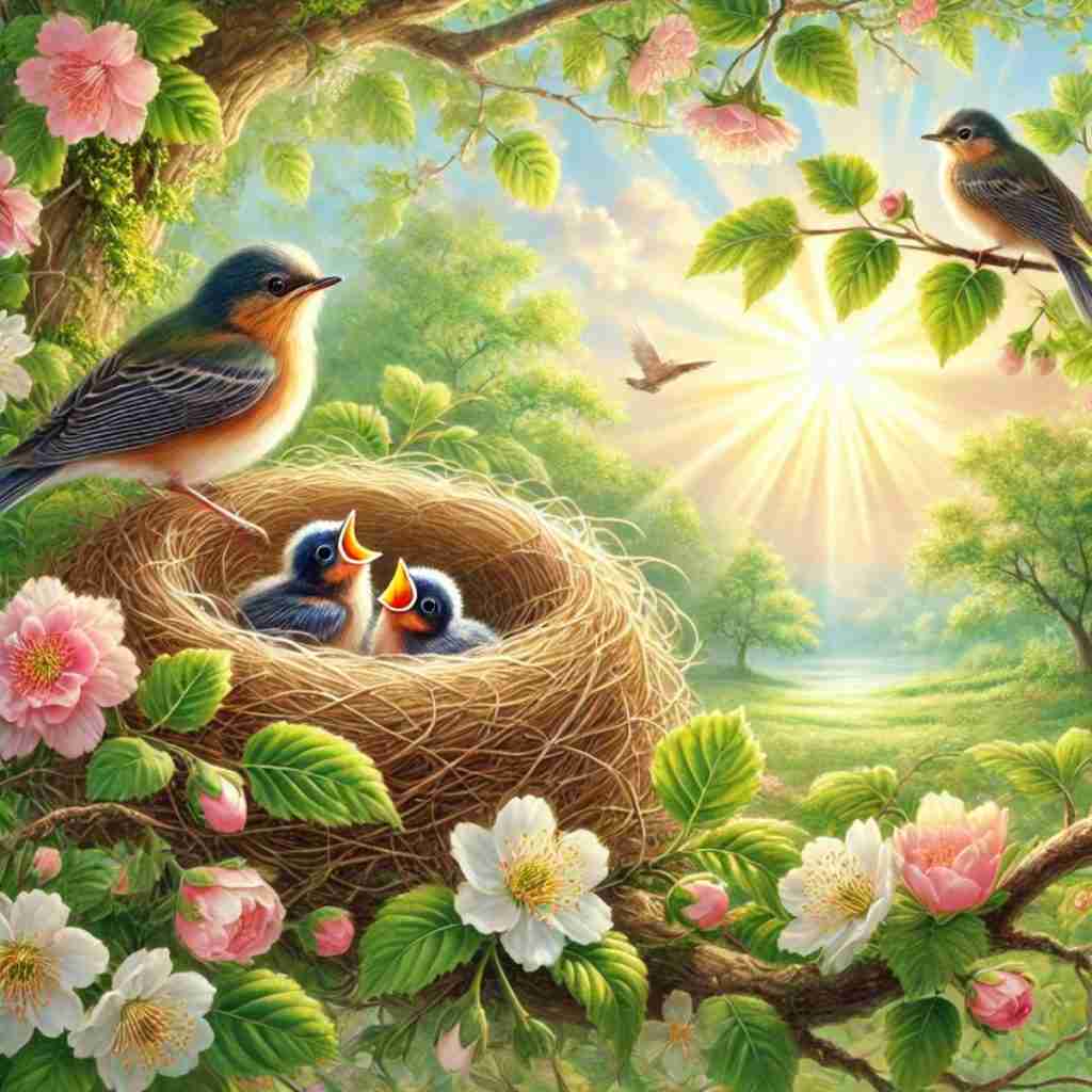 6 - Resilient Stories AI-generated image depicting baby birds hatching in a nest, surrounded by a lush spring setting that captures the essence of new beginnings and the nurturing spirit of the season.