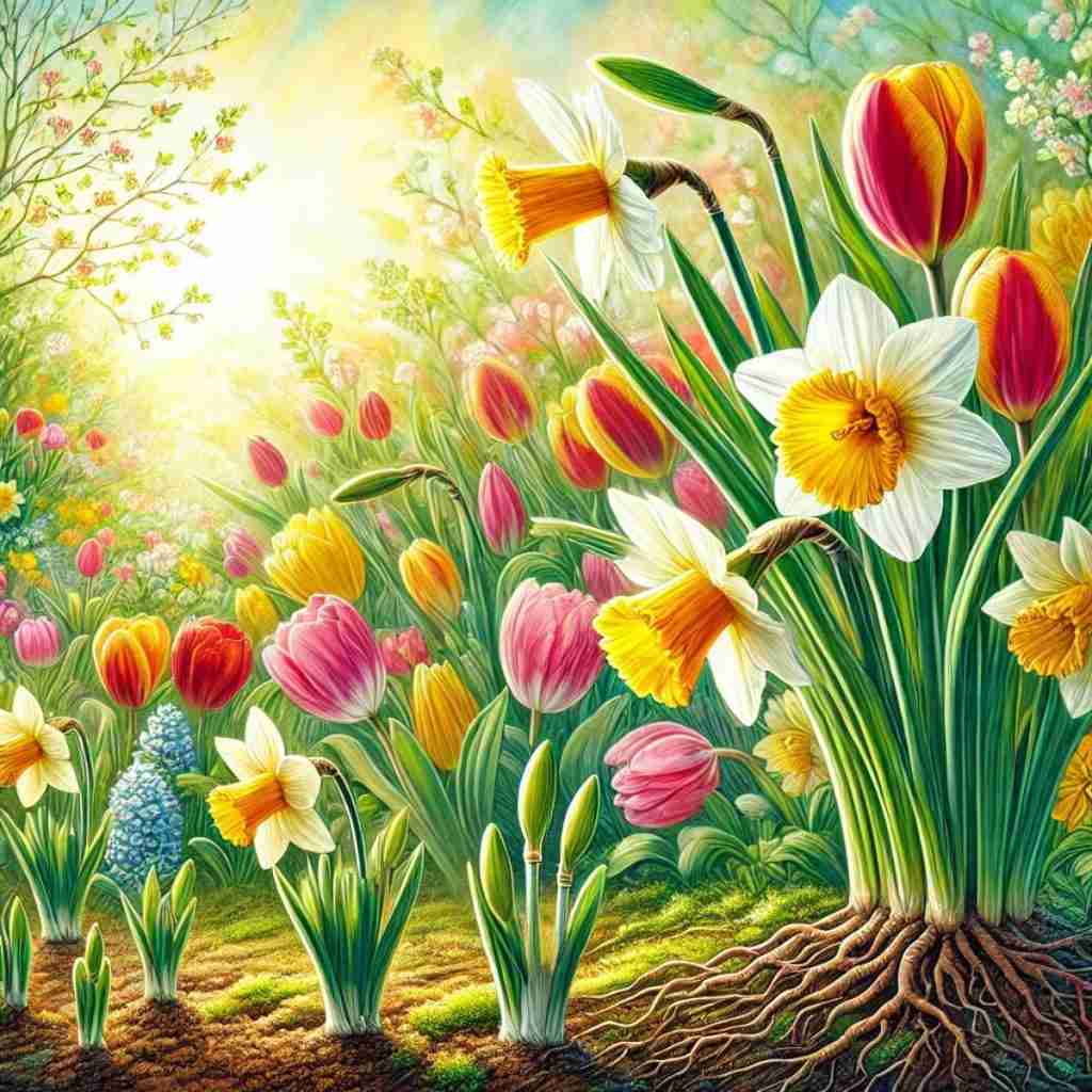 7 - Resilient Stories AI-generated image showcasing vibrant daffodils and tulips blooming amidst fresh green shoots, perfectly capturing the vitality and awakening energy of springtime.
