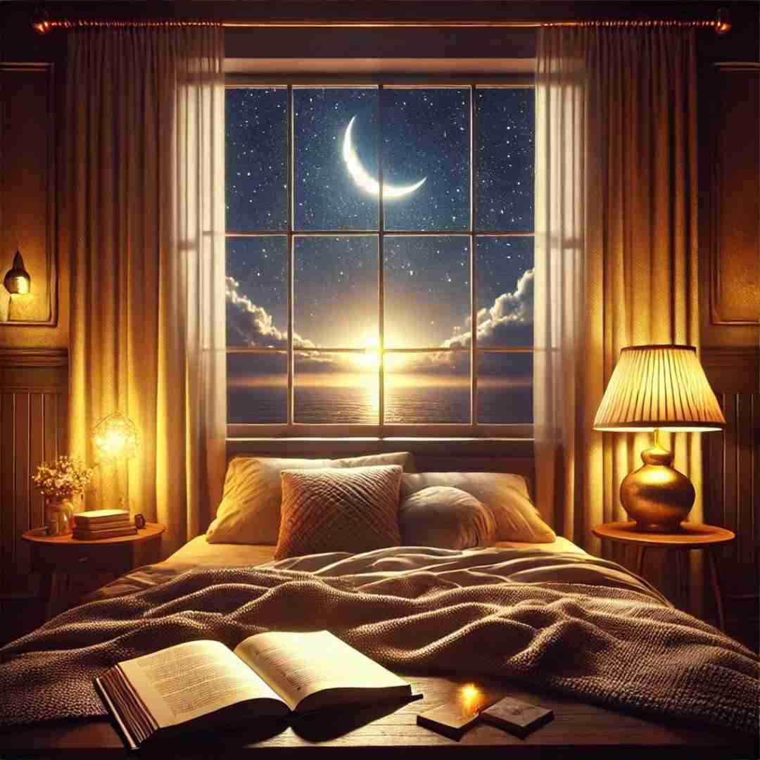 AI-generated image of bedroom scene at nighttime with open book on bed and lamps and candles lit on nightstands. Window behind bed shows setting sun over ocean with clear, starry night sky above and large crescent moon.
