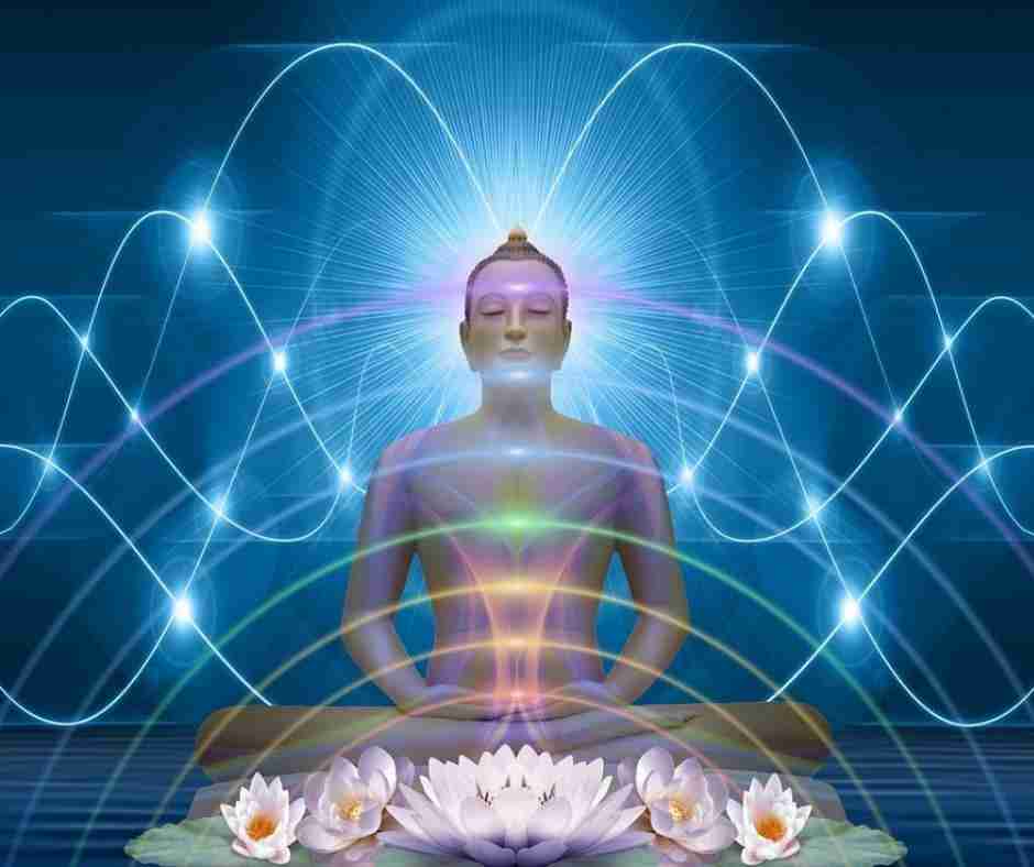 AI-generated image of buddha-like figure sitting in meditation with lotus flowers on a lily pad in front of him and glowing blue representation of sound waves around his body