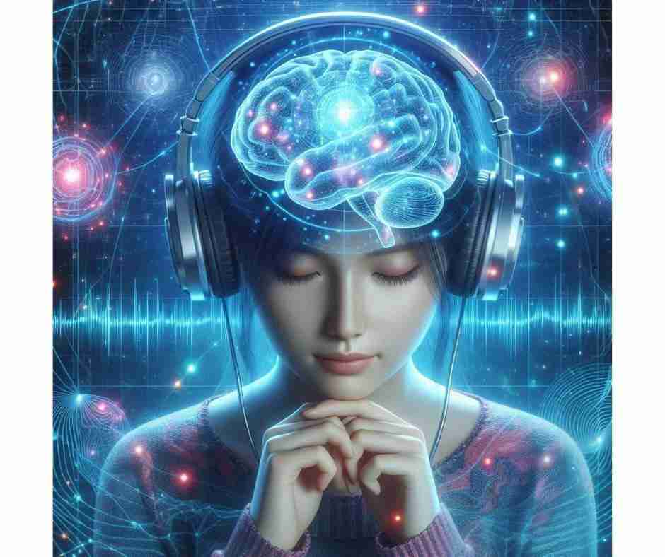 AI-generated image of girl listening to 528Hz frequency music on headphones, with glowing metaphysical symbols all around her