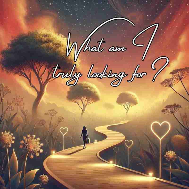 An AI generated image of a lady with a suitcase walking on a windy path surrounded by hearts, trees, and romantic vibes and colors. A text overlay reads, "What am I truly looking for? " an important question if you are wondering how to find love.