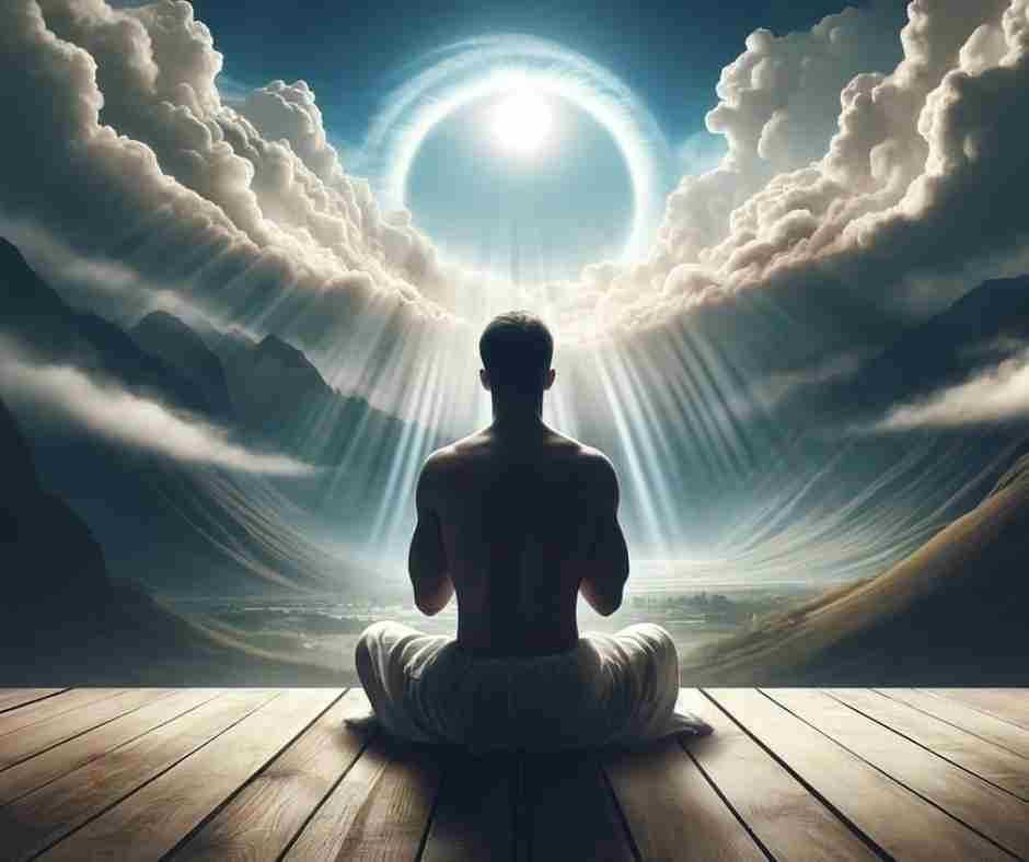 AI-generated image of a man sitting in meditation in front of cloud-covered hills and a cloudy sky opening up to the sun