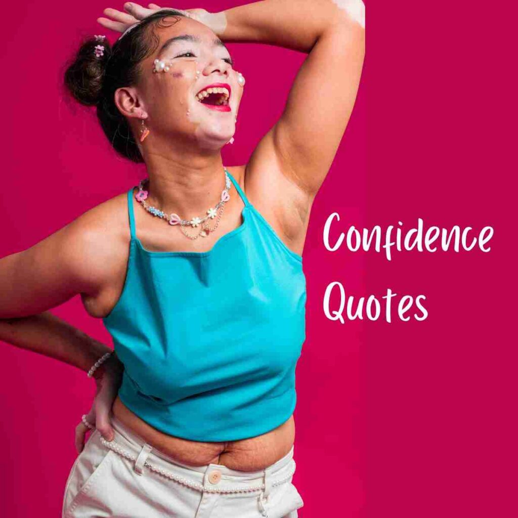 An image of a joyful woman with a radiant smile, showcasing body positivity and confidence. She is wearing a vibrant blue top and white pants, with her hand posed confidently on her hip and the other above her head. The background is a bold pink, with the text 'Confidence Quotes' written in white, highlighting the theme of self-love and empowerment.