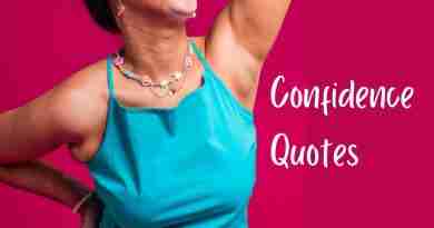 An image of a joyful woman with a radiant smile, showcasing body positivity and confidence. She is wearing a vibrant blue top and white pants, with her hand posed confidently on her hip and the other above her head. The background is a bold pink, with the text 'Confidence Quotes' written in white, highlighting the theme of self-love and empowerment.