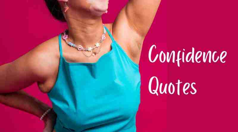 An image of a joyful woman with a radiant smile, showcasing body positivity and confidence. She is wearing a vibrant blue top and white pants, with her hand posed confidently on her hip and the other above her head. The background is a bold pink, with the text 'Confidence Quotes' written in white, highlighting the theme of self-love and empowerment.