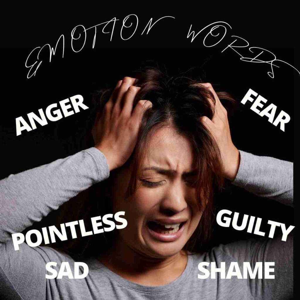 A woman clutches at her head during an anxiety attack while emotion words like anger, fear, pointless, guilty, sad and shame surround her.