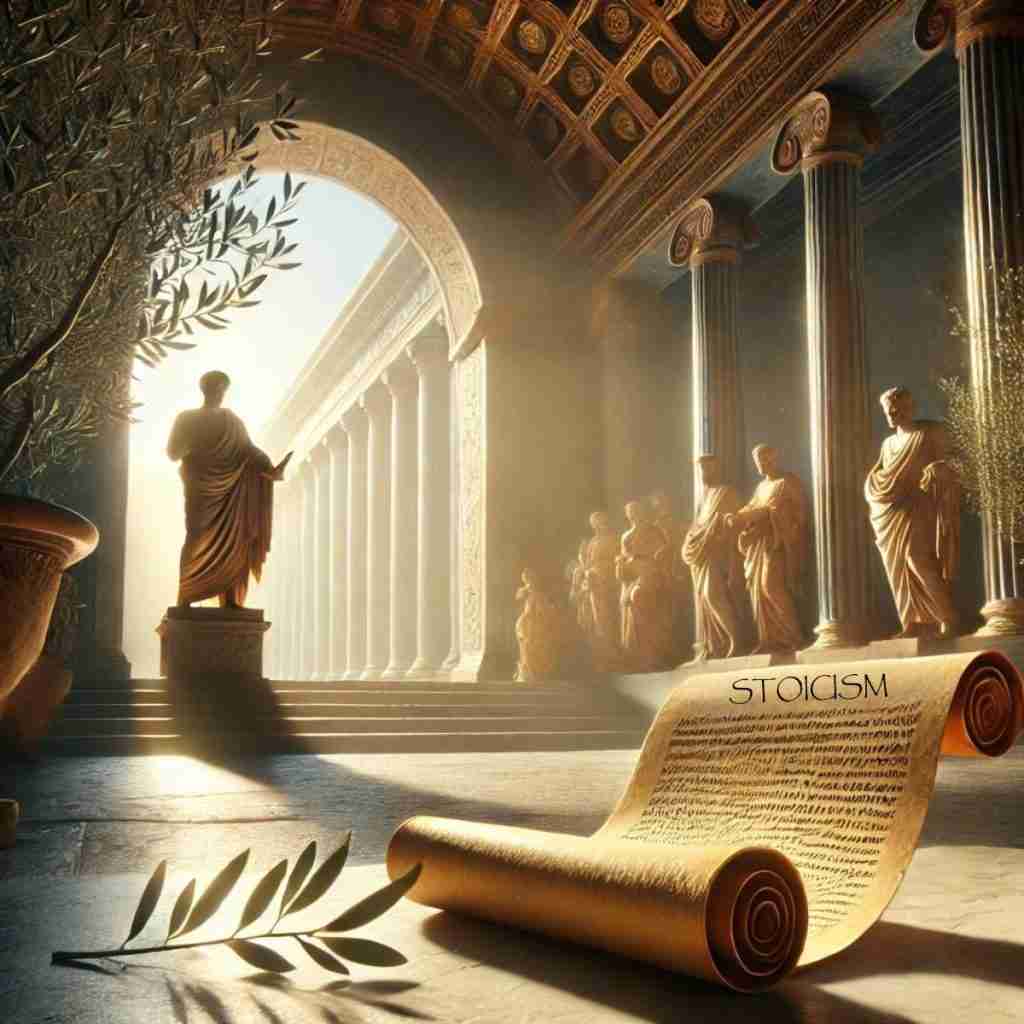 AI-generated image of a ancient Stoic temple lined with stone statues and a scroll on the ground that says "Stoicism"