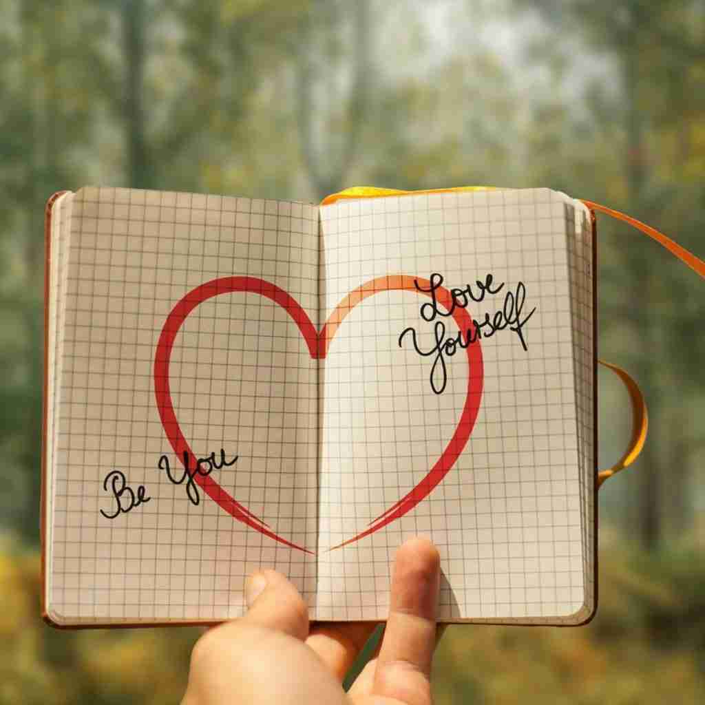 Person holding up a book with a drawn heart and the words that read "be you, love yourself"