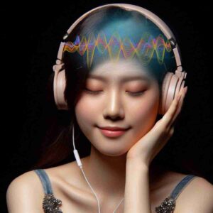 AI-generated image of Asian girl listening to headphones with eyes closed and colorful glowing representation of sound waves going through her head