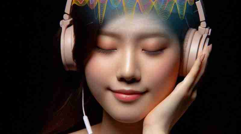 AI-generated image of Asian girl listening to headphones with eyes closed and colorful glowing representation of sound waves going through her head