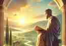 AI-generated image of a Stoic man statue reading a book, inside archway looking out to beautiful countryside
