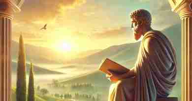 AI-generated image of a Stoic man statue reading a book, inside archway looking out to beautiful countryside