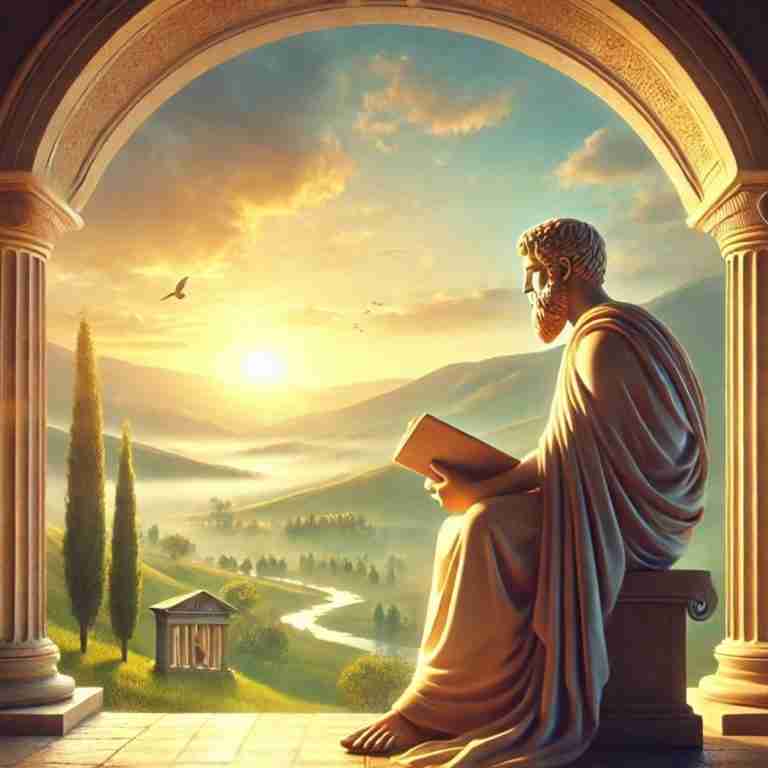 AI-generated image of a Stoic man statue reading a book, inside archway looking out to beautiful countryside