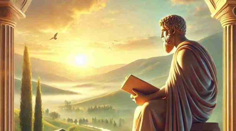 AI-generated image of a Stoic man statue reading a book, inside archway looking out to beautiful countryside