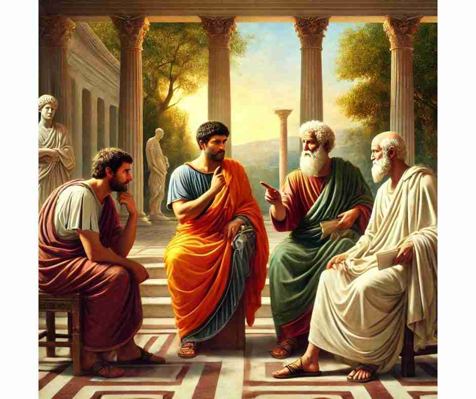 AI-generated image of the iconic figures of Stoicism gathered together having a philosophical conversation