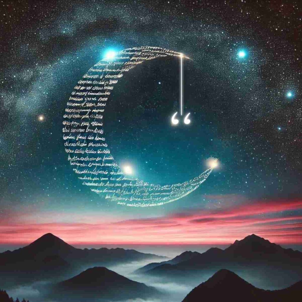 Scripted crescent moon hanging in night sky over dark mountain range with pink and blue glowing stars around it and glowing quotation marks hanging from it's upper point