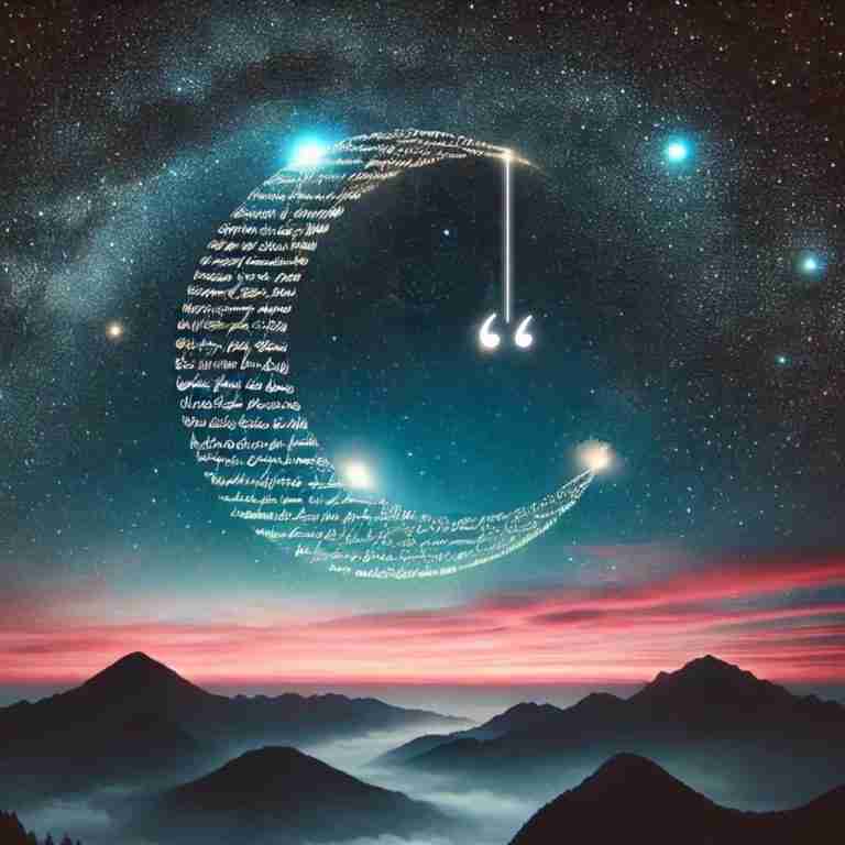 Scripted crescent moon hanging in night sky over dark mountain range with pink and blue glowing stars around it and glowing quotation marks hanging from it's upper point
