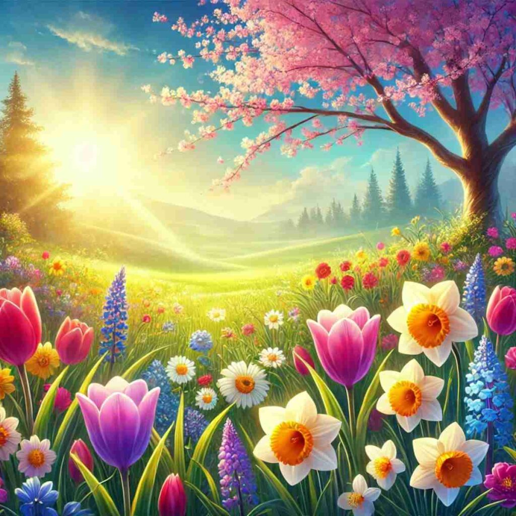 AI-generated image of spring meadow with cherry blossom tree and blooming flowers in the sunshine