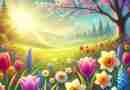 AI-generated image of spring meadow with cherry blossom tree and blooming flowers in the sunshine