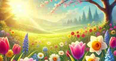 AI-generated image of spring meadow with cherry blossom tree and blooming flowers in the sunshine